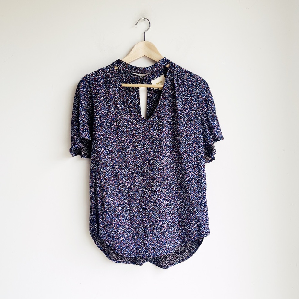 Anthropologie Navy Floral V-Neck Blouse with Choker - Picture 9 of 11
